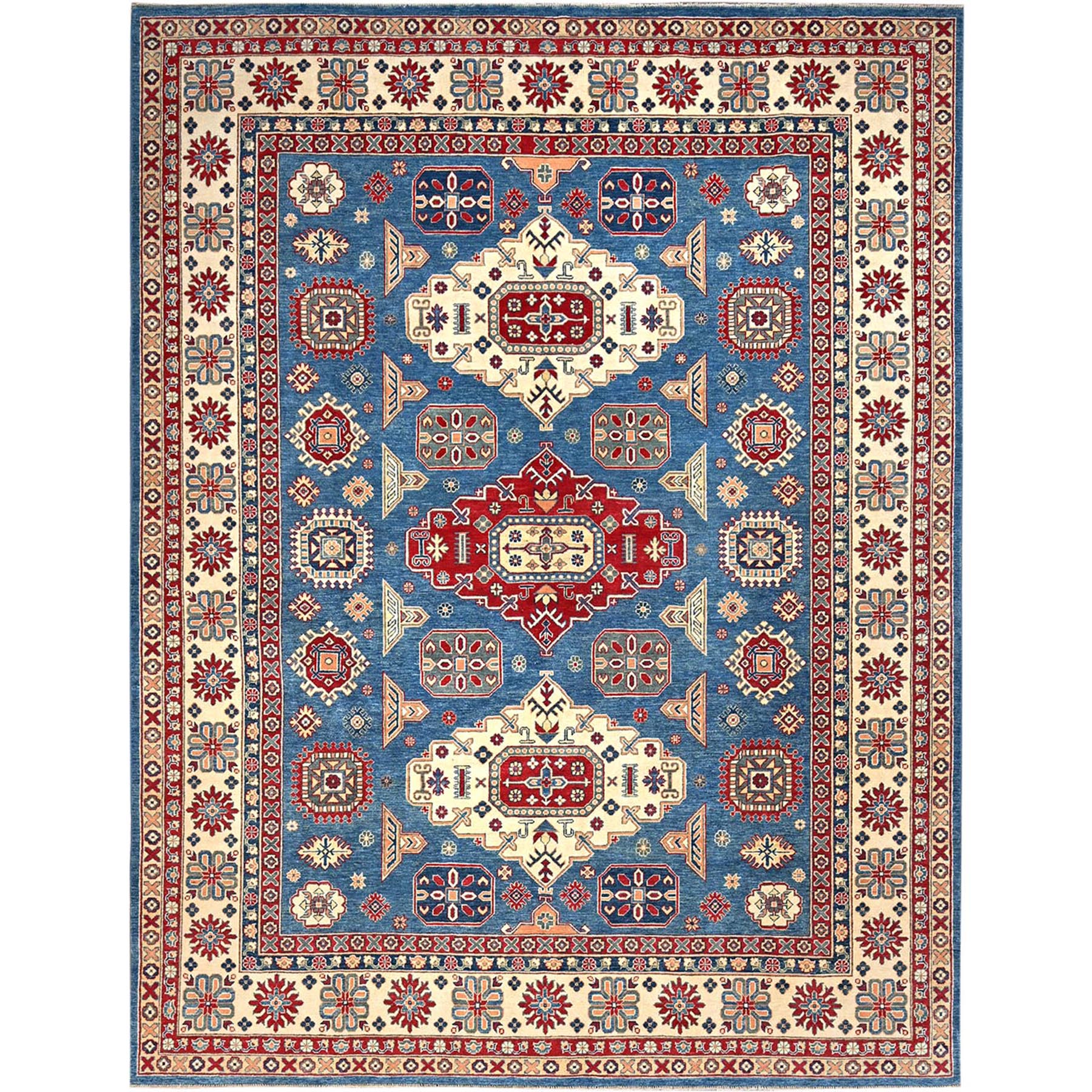 Quiet Harbor Blue, Navajo White Border, Hand Knotted Natural Dyes With Densely Woven Pure Wool Kazak, Tribal Pattern, Oriental Rug 